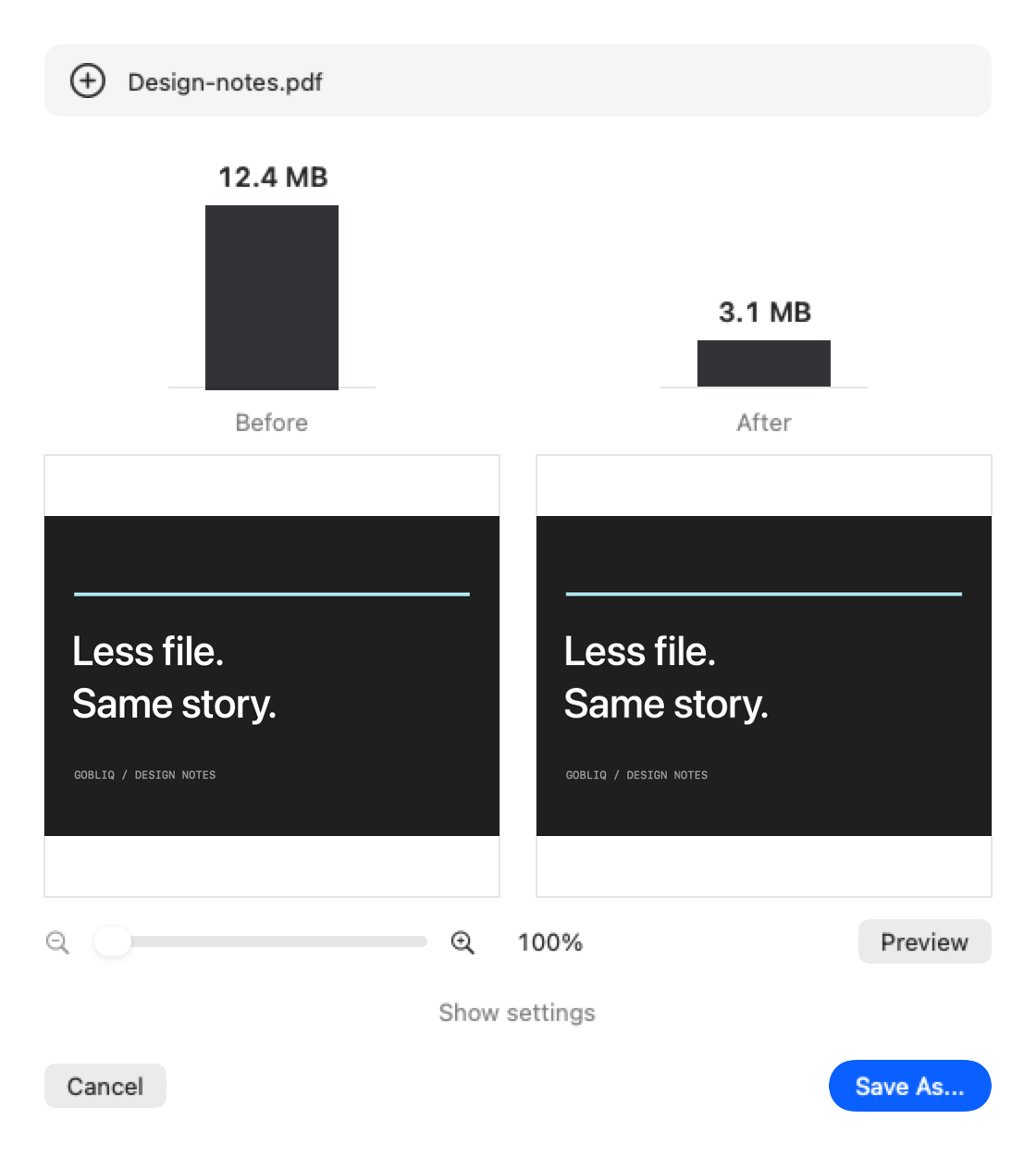 Gobliq PDF Compress with before-and-after file sizes, synchronized quality previews and a Save As button.